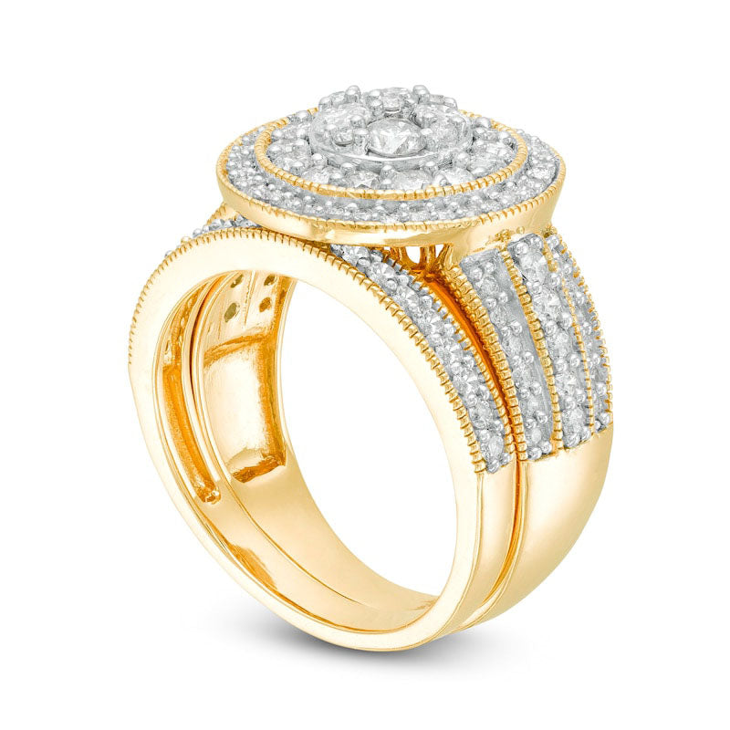 1.5 CT. T.W. Composite Natural Diamond Double Frame Multi-Row Antique Vintage-Style Bridal Engagement Ring Set in Solid 10K Yellow Gold