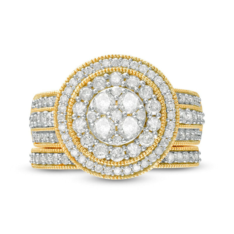 1.5 CT. T.W. Composite Natural Diamond Double Frame Multi-Row Antique Vintage-Style Bridal Engagement Ring Set in Solid 10K Yellow Gold