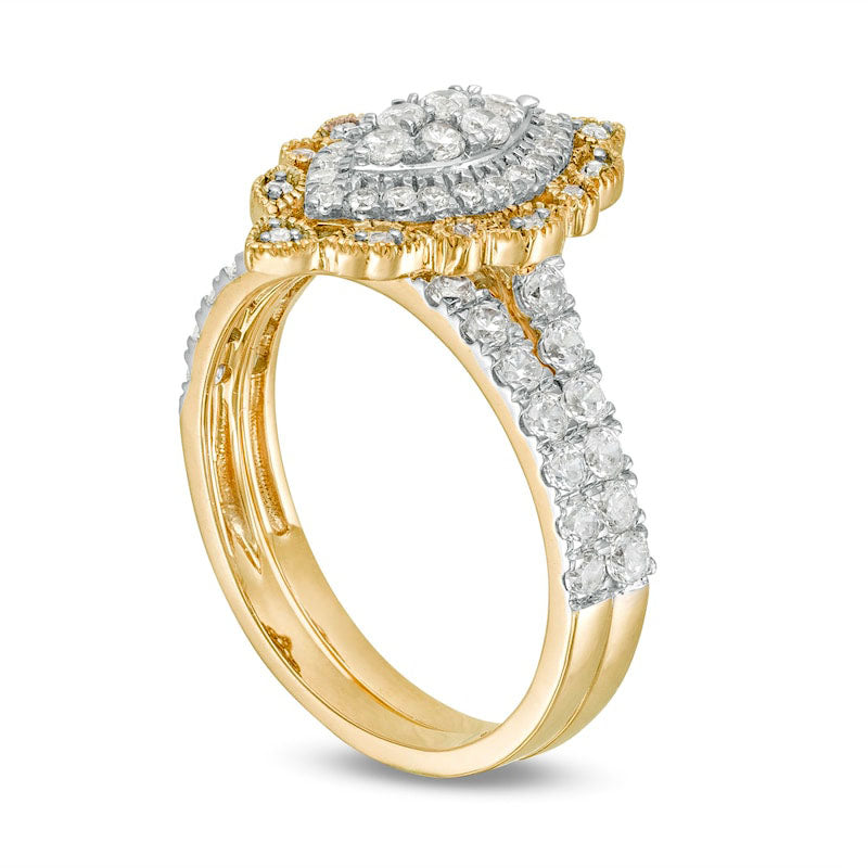 1.0 CT. T.W. Composite Natural Diamond Scallop Marquise Frame Antique Vintage-Style Bridal Engagement Ring Set in Solid 10K Yellow Gold