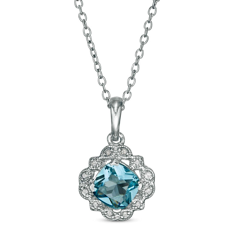 6.0mm Cushion-Cut Simulated Aquamarine and 0.04 CT. T.W. Natural Diamond Frame Antique Vintage-Style Drop Pendant in Sterling Silver