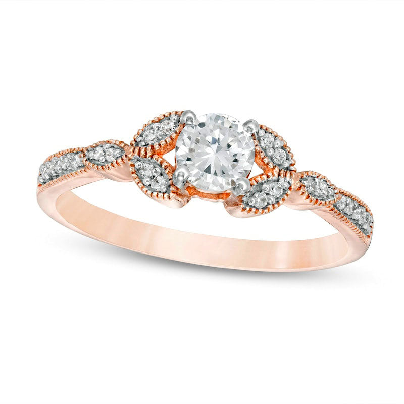 0.38 CT. T.W. Natural Diamond Leaf-Sides Antique Vintage-Style Engagement Ring in Solid 10K Rose Gold