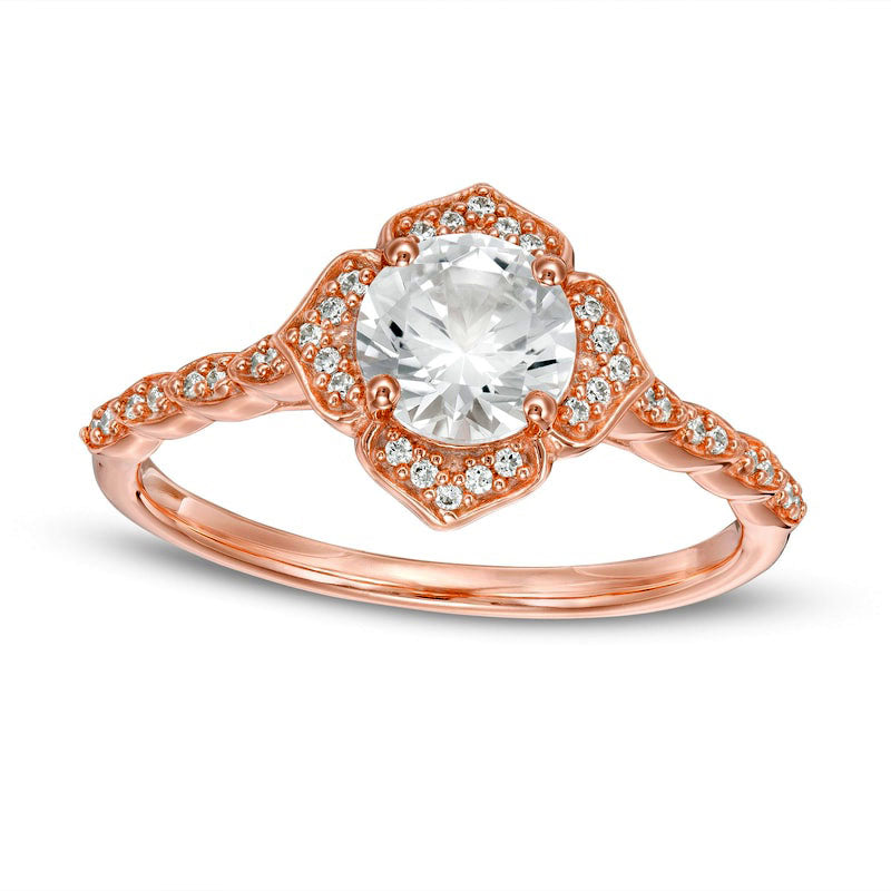 6.0mm Lab-Created White Sapphire and 0.13 CT. T.W. Diamond Frame Flower Ring in Solid 10K Rose Gold