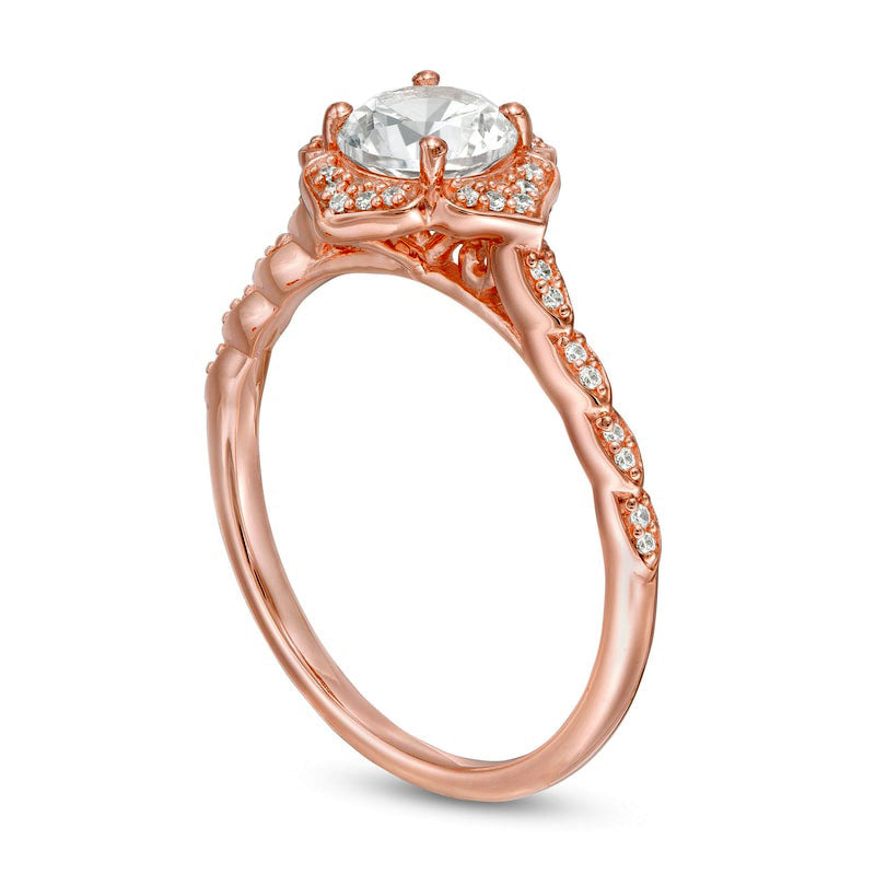 6.0mm Lab-Created White Sapphire and 0.13 CT. T.W. Diamond Frame Flower Ring in Solid 10K Rose Gold