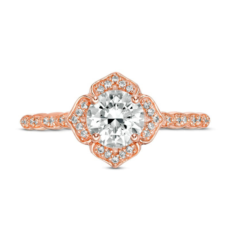 6.0mm Lab-Created White Sapphire and 0.13 CT. T.W. Diamond Frame Flower Ring in Solid 10K Rose Gold