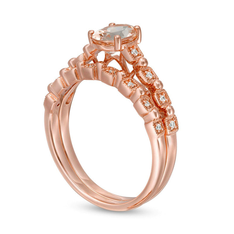 Oval Morganite and 0.07 CT. T.W. Natural Diamond Beaded Alternating Art Deco Bridal Engagement Ring Set in Solid 10K Rose Gold