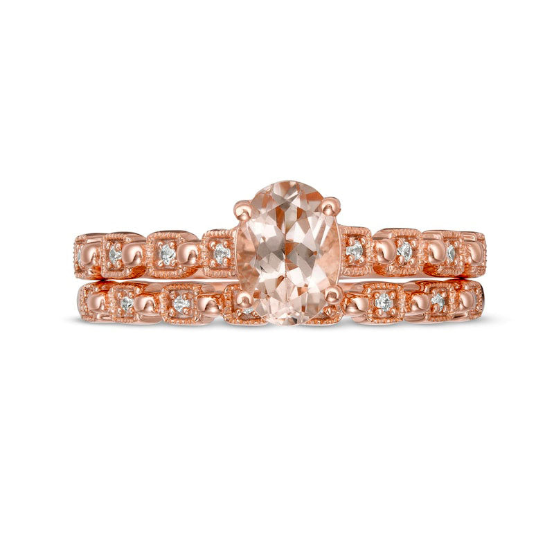 Oval Morganite and 0.07 CT. T.W. Natural Diamond Beaded Alternating Art Deco Bridal Engagement Ring Set in Solid 10K Rose Gold