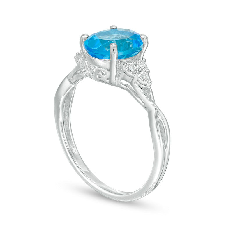 Oval Blue Topaz and Natural Diamond Accent Tri-Sides Twist Shank Ring in Sterling Silver