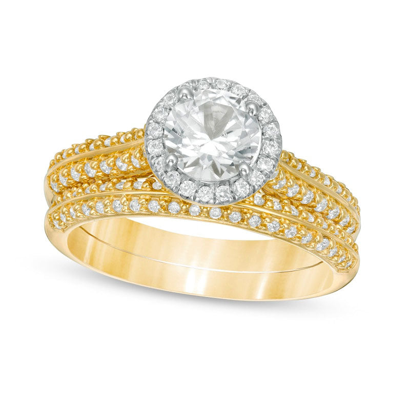 6.0mm Lab-Created White Sapphire and 0.38 CT. T.W. Diamond Frame Double Row Bridal Engagement Ring Set in Solid 10K Yellow Gold