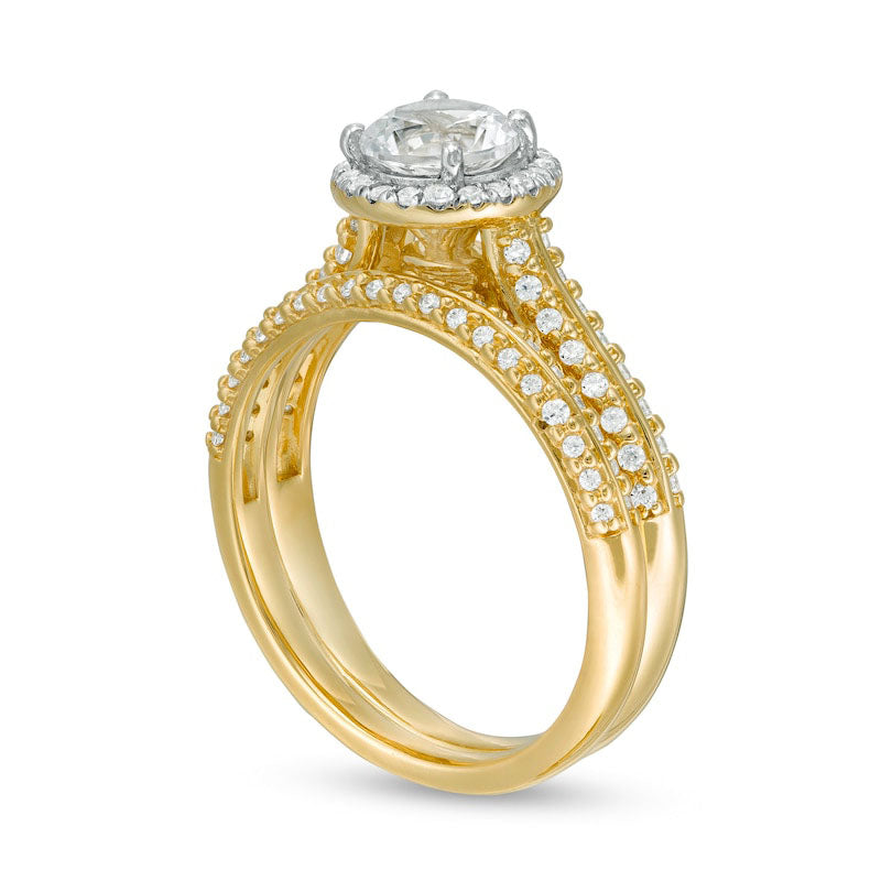 6.0mm Lab-Created White Sapphire and 0.38 CT. T.W. Diamond Frame Double Row Bridal Engagement Ring Set in Solid 10K Yellow Gold