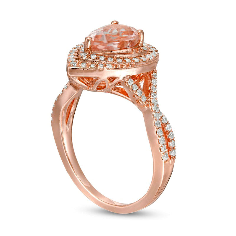 Pear-Shaped Morganite and 0.50 CT. T.W. Natural Diamond Cascade Frame Crossover Shank Ring in Solid 10K Rose Gold