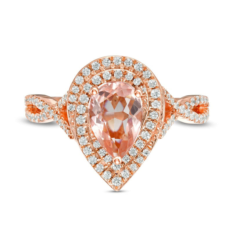 Pear-Shaped Morganite and 0.50 CT. T.W. Natural Diamond Cascade Frame Crossover Shank Ring in Solid 10K Rose Gold