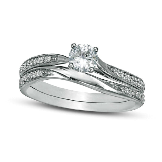 4.5mm Lab-Created White Sapphire and 0.13 CT. T.W. Diamond Waves Bridal Engagement Ring Set in Solid 10K White Gold