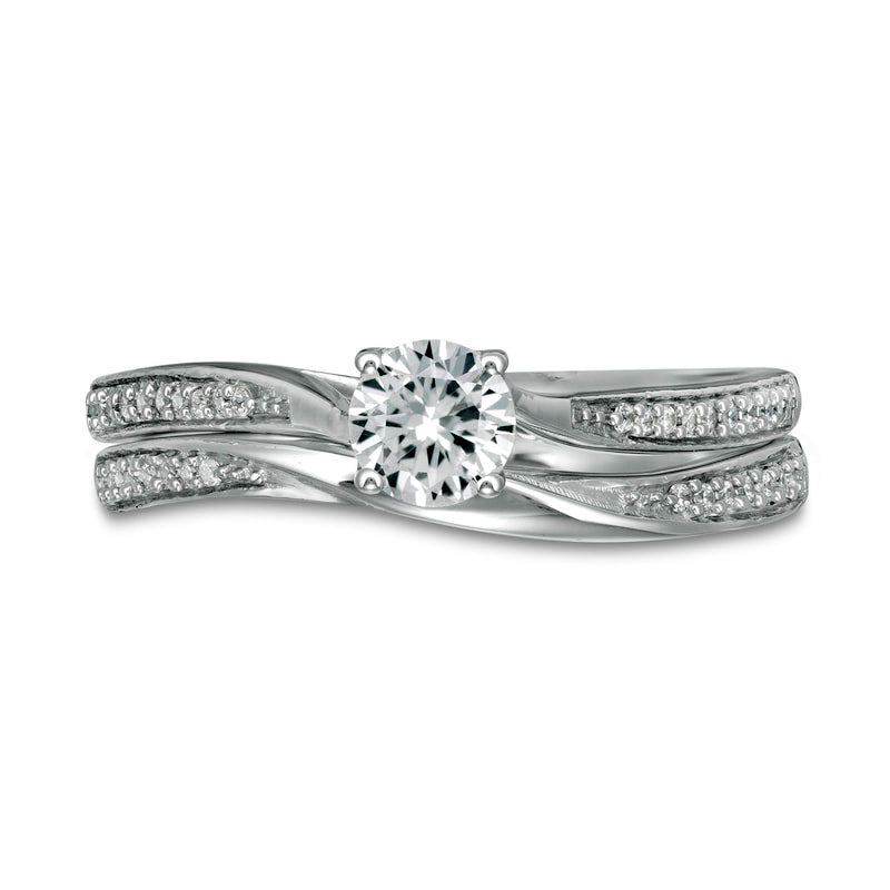 4.5mm Lab-Created White Sapphire and 0.13 CT. T.W. Diamond Waves Bridal Engagement Ring Set in Solid 10K White Gold