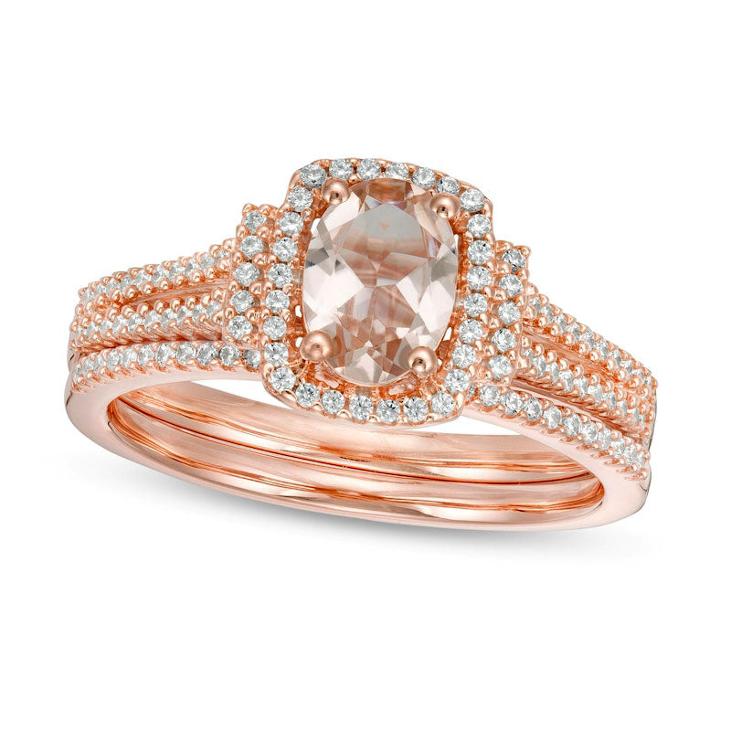 Oval Morganite and 0.33 CT. T.W. Natural Diamond Cushion Frame Collared Split Shank Bridal Engagement Ring Set in Solid 10K Rose Gold