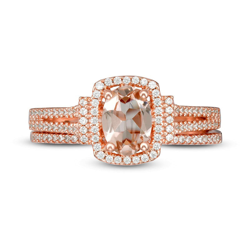 Oval Morganite and 0.33 CT. T.W. Natural Diamond Cushion Frame Collared Split Shank Bridal Engagement Ring Set in Solid 10K Rose Gold