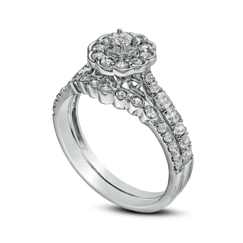 Lab-Created White Sapphire Frame Flower Bridal Engagement Ring Set in Sterling Silver