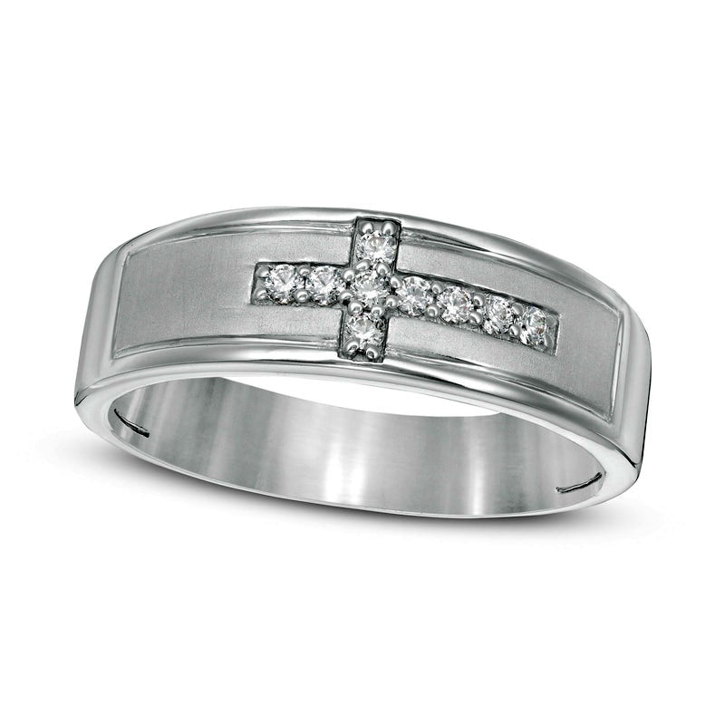 Men's 0.13 CT. T.W. Natural Diamond Sideways Cross Wedding Band in Sterling Silver