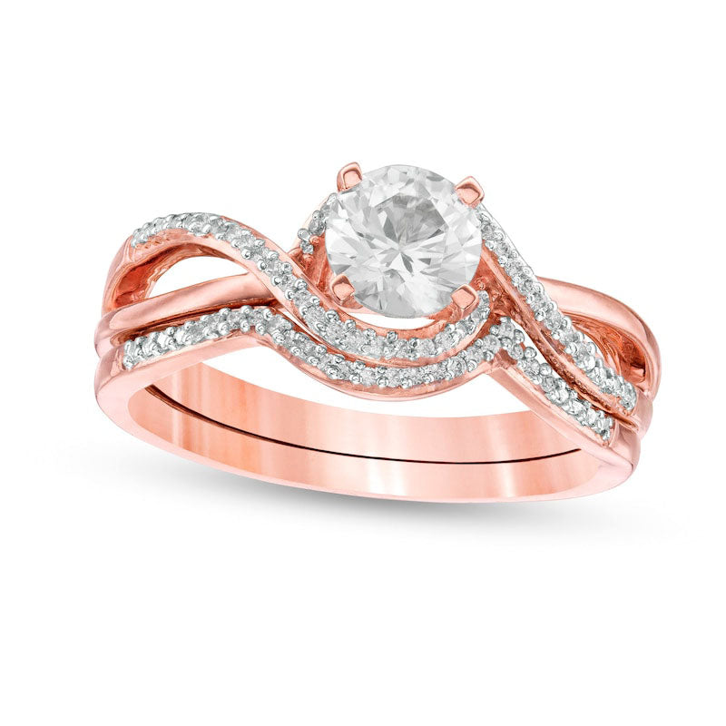 5.5mm Lab-Created White Sapphire and 1/10 Diamond Swirl Frame Bridal Engagement Ring Set in Sterling Silver with Solid 14K Rose Gold Plate