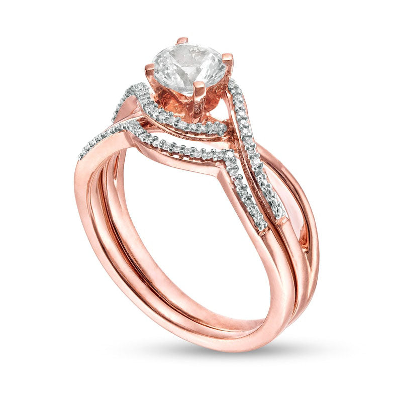 5.5mm Lab-Created White Sapphire and 1/10 Diamond Swirl Frame Bridal Engagement Ring Set in Sterling Silver with Solid 14K Rose Gold Plate