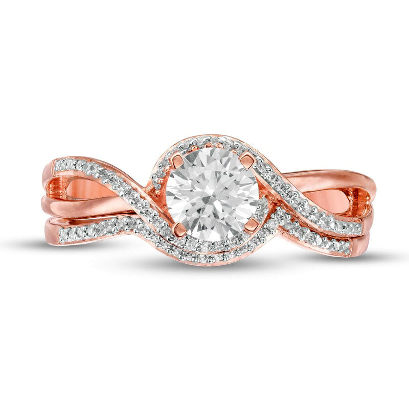 5.5mm Lab-Created White Sapphire and 1/10 Diamond Swirl Frame Bridal Engagement Ring Set in Sterling Silver with Solid 14K Rose Gold Plate