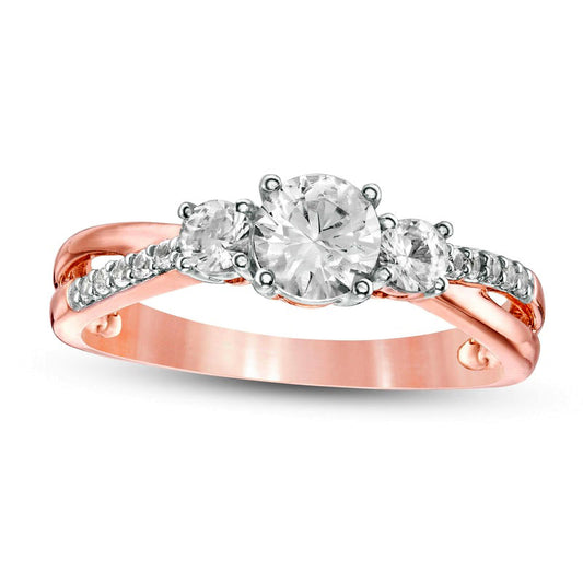 Lab-Created White Sapphire Three Stone Split Shank Ring in Solid 10K Rose Gold