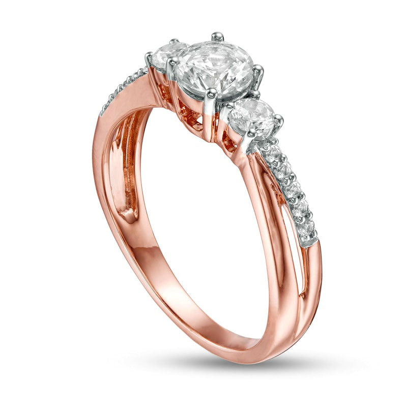 Lab-Created White Sapphire Three Stone Split Shank Ring in Solid 10K Rose Gold