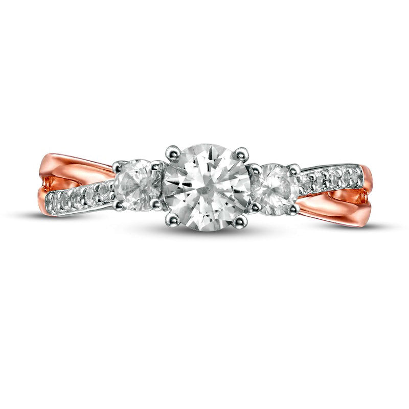 Lab-Created White Sapphire Three Stone Split Shank Ring in Solid 10K Rose Gold