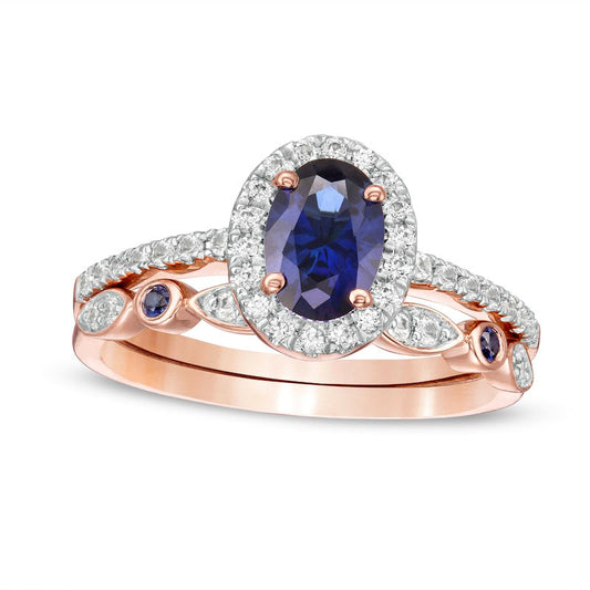 Oval Lab-Created Blue and White Sapphire Frame Art Deco Bridal Engagement Ring Set in Solid 10K Rose Gold