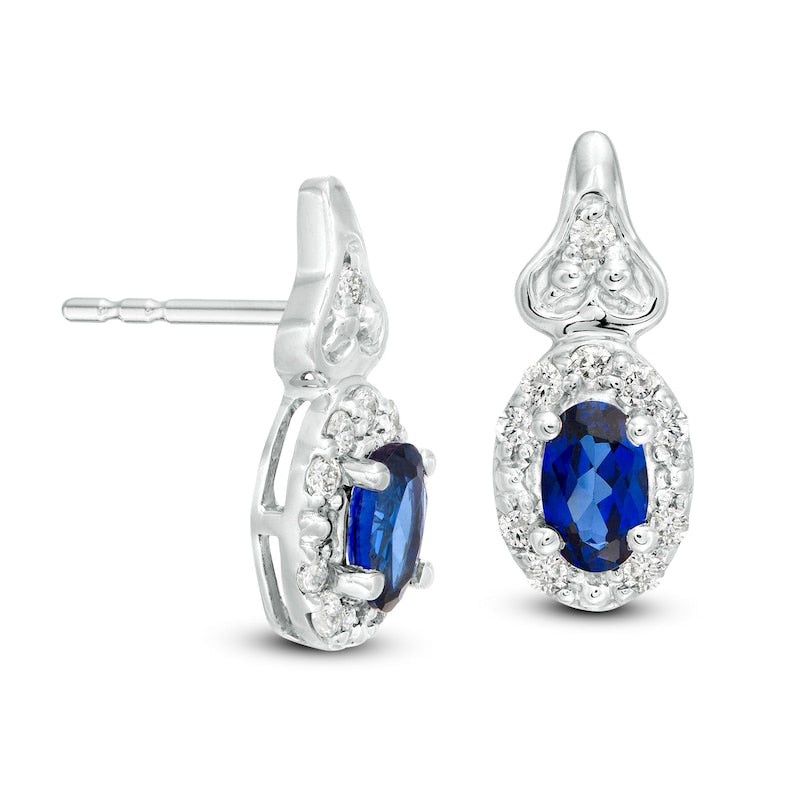 Oval Lab-Created Blue Sapphire and 0.17 CT. T.W. Diamond Frame Drop Earrings in 10K White Gold