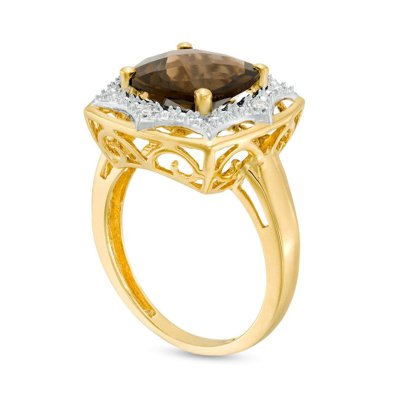 10.0mm Cushion-Cut Smoky Quartz and Natural Diamond Accent Sunburst Frame Ring in Solid 10K Yellow Gold