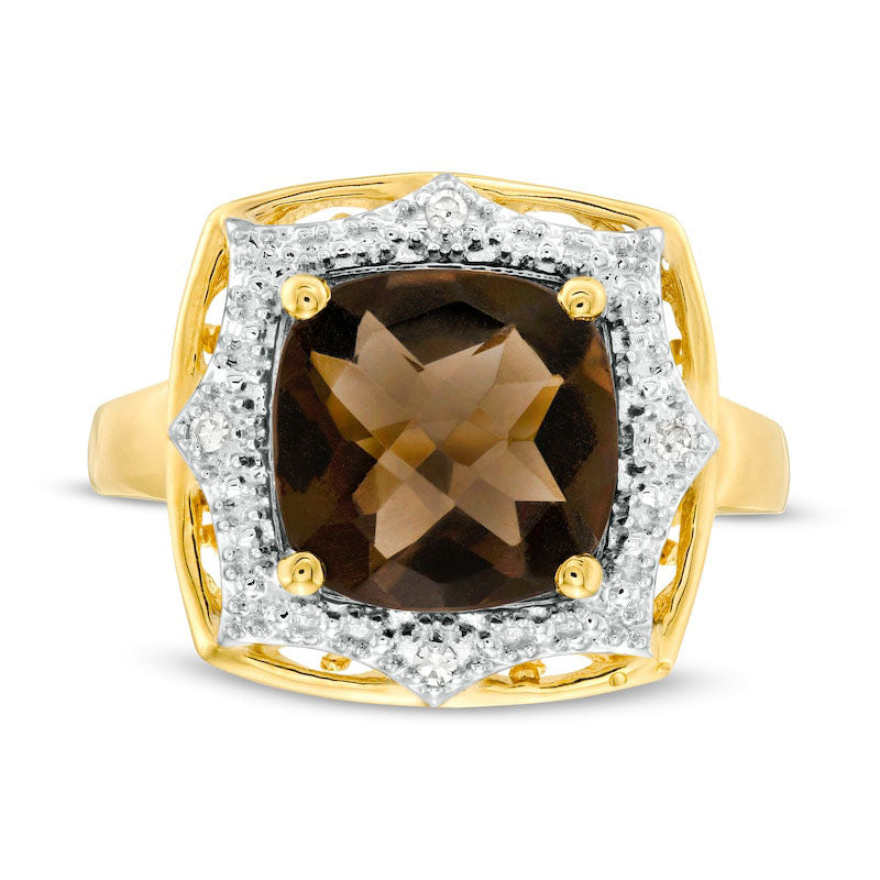 10.0mm Cushion-Cut Smoky Quartz and Natural Diamond Accent Sunburst Frame Ring in Solid 10K Yellow Gold