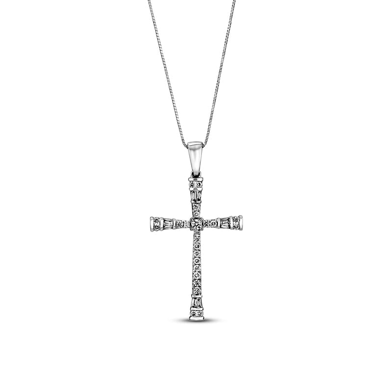 0.38 CT. T.W. Baguette and Round Natural Diamond Flared Cross Pendant in 10K White Gold