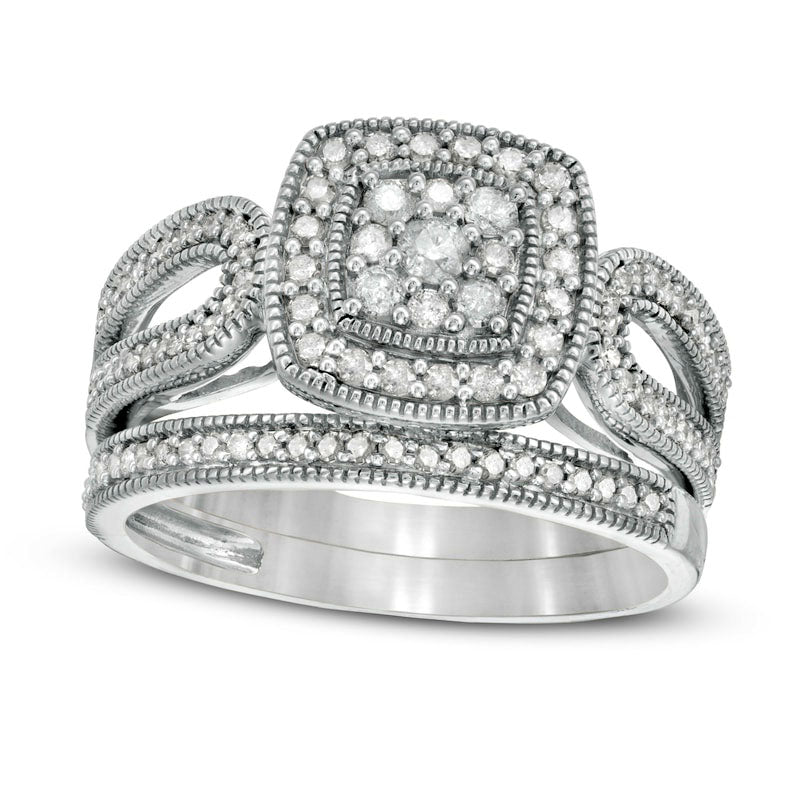 0.50 CT. T.W. Composite Natural Diamond Cushion Frame Looped Antique Vintage-Style Bridal Engagement Ring Set in Solid 10K White Gold