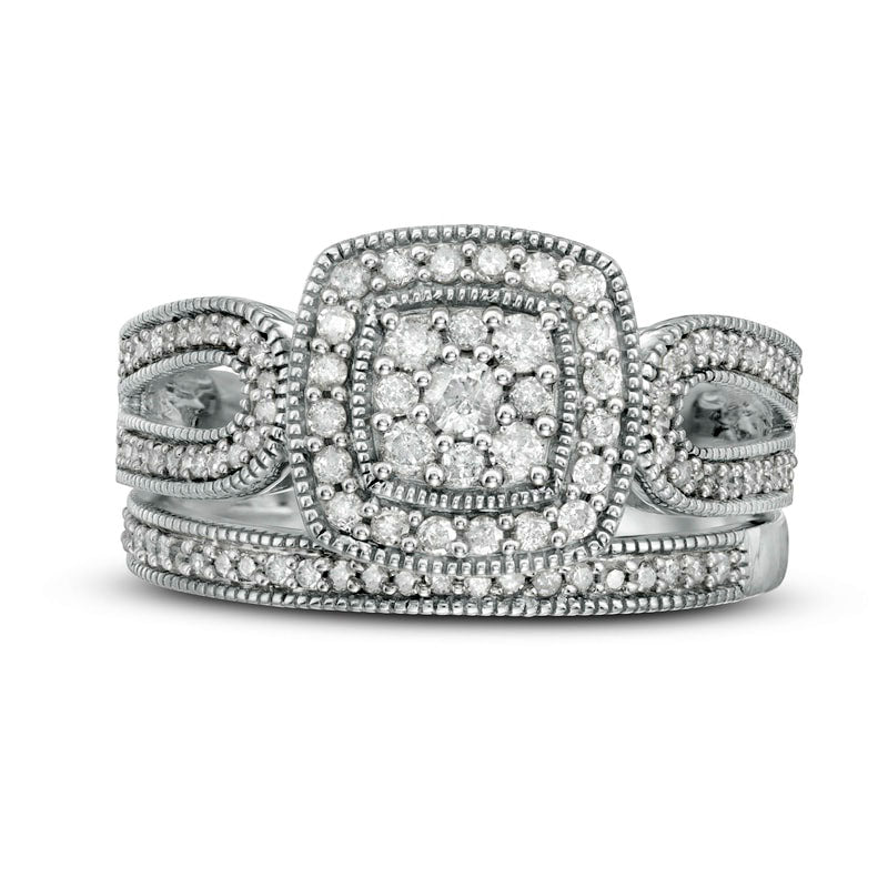 0.50 CT. T.W. Composite Natural Diamond Cushion Frame Looped Antique Vintage-Style Bridal Engagement Ring Set in Solid 10K White Gold