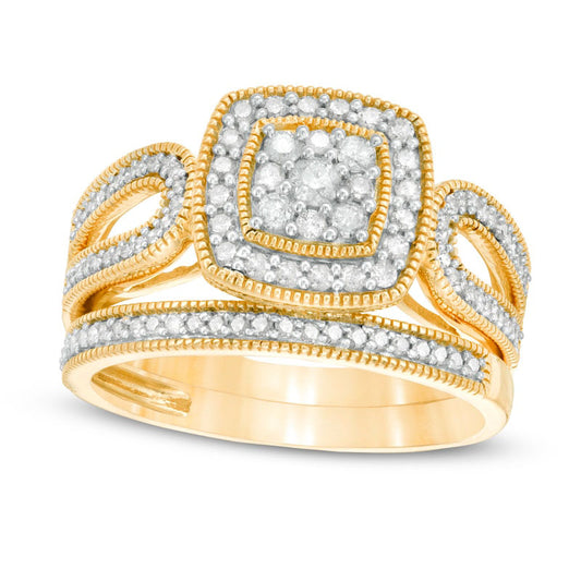 0.50 CT. T.W. Composite Natural Diamond Cushion Frame Looped Antique Vintage-Style Bridal Engagement Ring Set in Solid 10K Yellow Gold