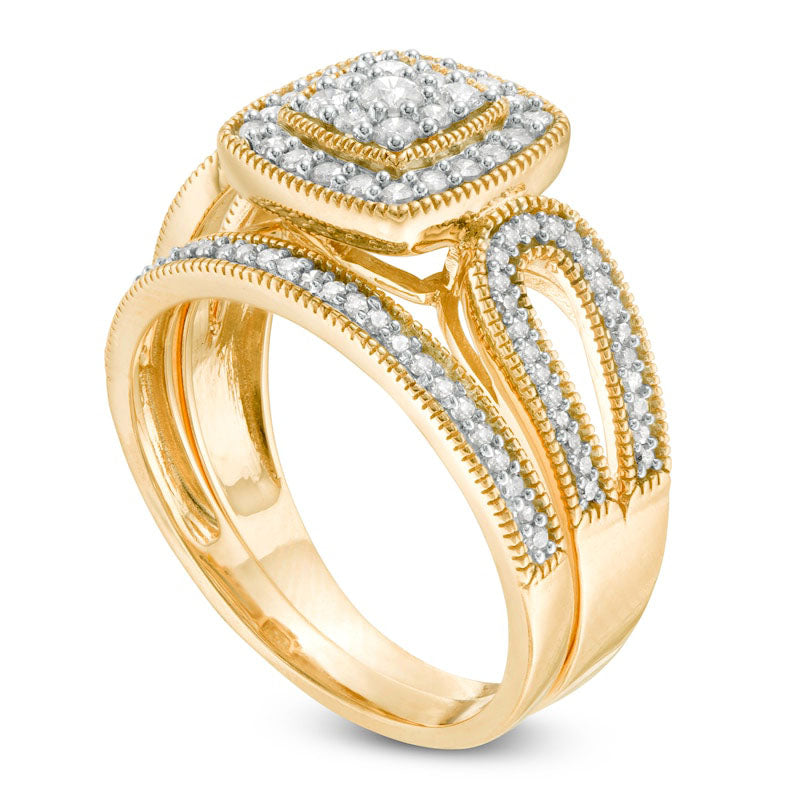 0.50 CT. T.W. Composite Natural Diamond Cushion Frame Looped Antique Vintage-Style Bridal Engagement Ring Set in Solid 10K Yellow Gold