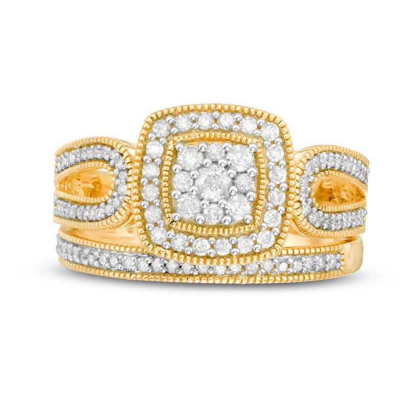 0.50 CT. T.W. Composite Natural Diamond Cushion Frame Looped Antique Vintage-Style Bridal Engagement Ring Set in Solid 10K Yellow Gold