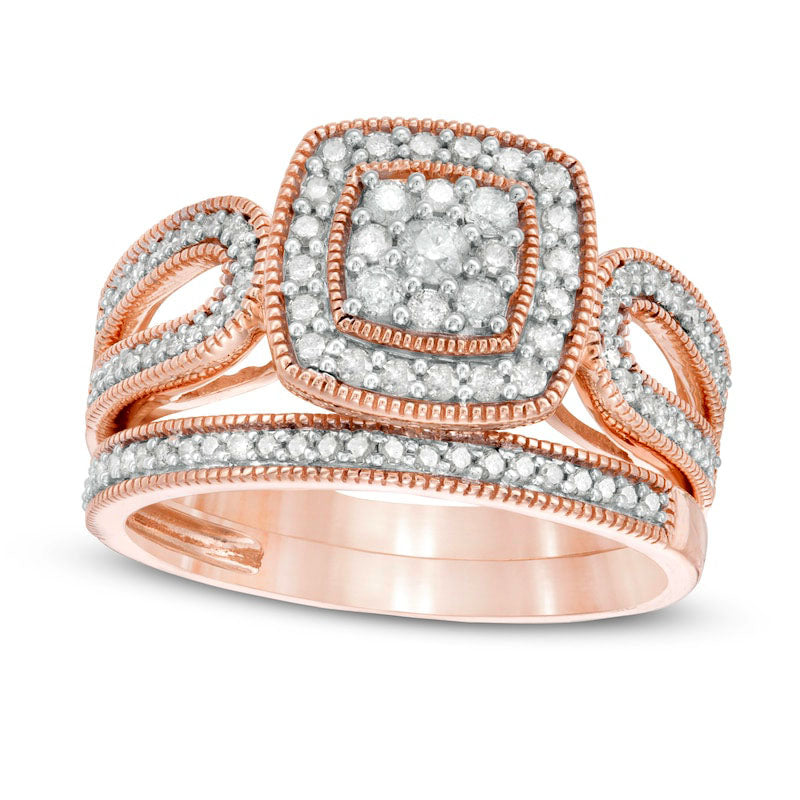 0.50 CT. T.W. Composite Natural Diamond Cushion Frame Looped Antique Vintage-Style Bridal Engagement Ring Set in Solid 10K Rose Gold