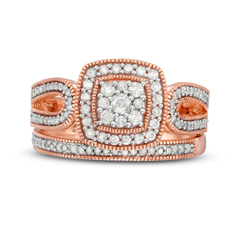 0.50 CT. T.W. Composite Natural Diamond Cushion Frame Looped Antique Vintage-Style Bridal Engagement Ring Set in Solid 10K Rose Gold