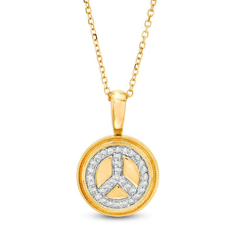 0.1 CT. T.W. Natural Diamond Peace Sign Beaded Frame Disc Pendant in 14K Gold