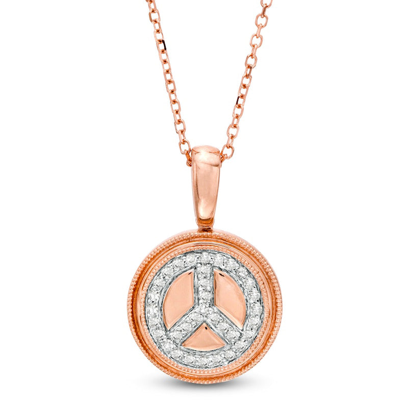 0.1 CT. T.W. Natural Diamond Peace Sign Beaded Frame Disc Pendant in 14K Rose Gold