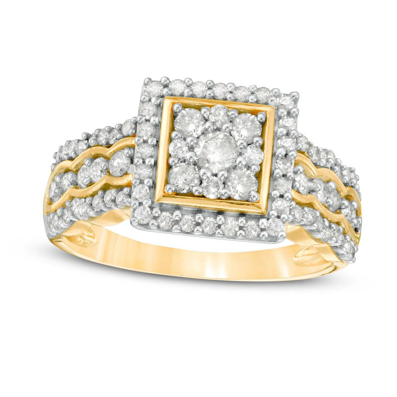 0.75 CT. T.W. Composite Natural Diamond Square Frame Scallop Shank Engagement Ring in Solid 10K Yellow Gold