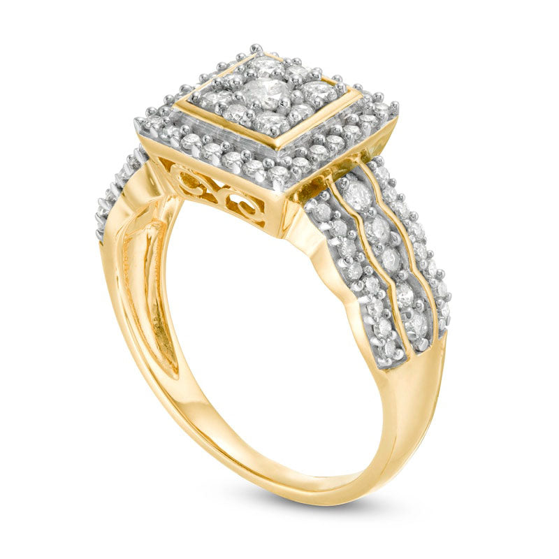 0.75 CT. T.W. Composite Natural Diamond Square Frame Scallop Shank Engagement Ring in Solid 10K Yellow Gold