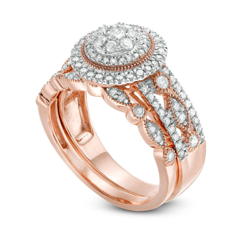 0.75 CT. T.W. Natural Diamond Double Frame Art Deco Antique Vintage-Style Bridal Engagement Ring Set in Solid 10K Rose Gold