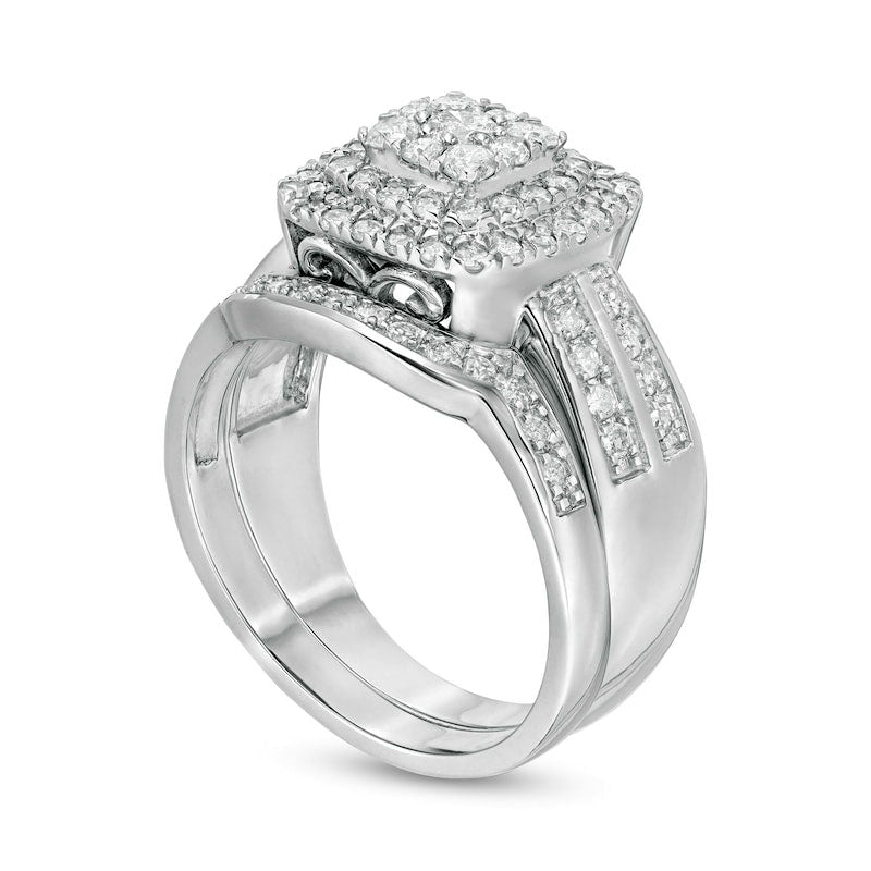 1.0 CT. T.W. Composite Natural Diamond Cushion Frame Bridal Engagement Ring Set in Solid 10K White Gold