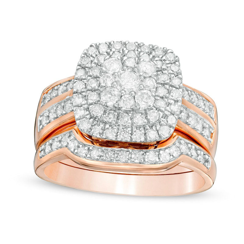 1.0 CT. T.W. Composite Natural Diamond Cushion Frame Bridal Engagement Ring Set in Solid 10K Rose Gold