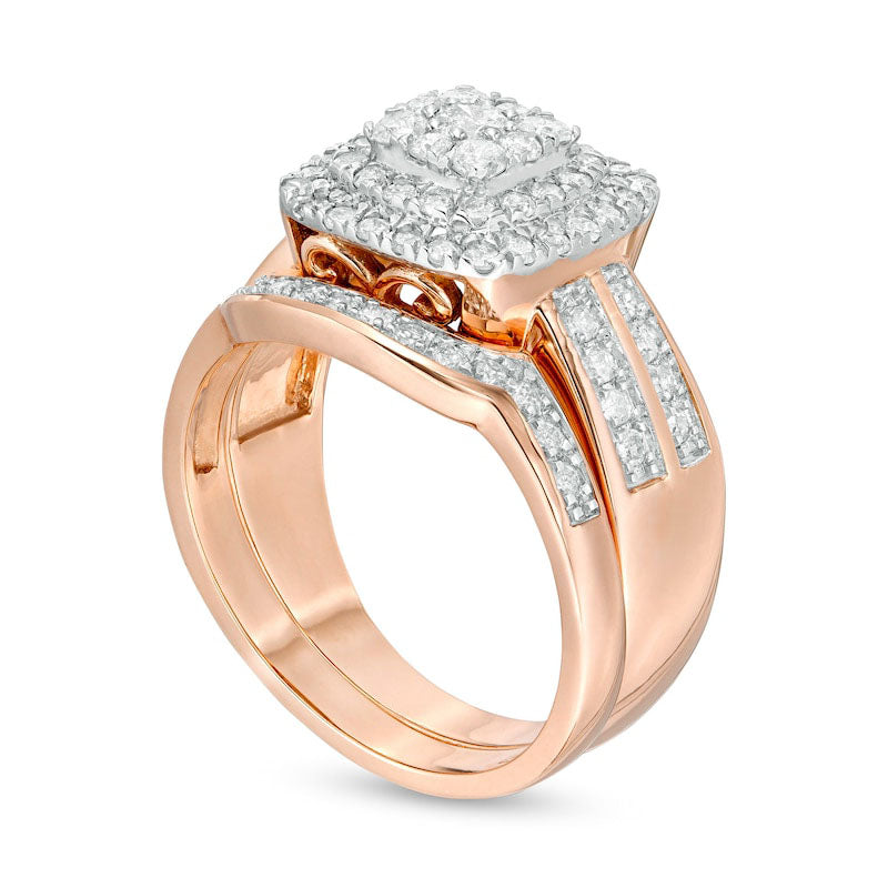 1.0 CT. T.W. Composite Natural Diamond Cushion Frame Bridal Engagement Ring Set in Solid 10K Rose Gold