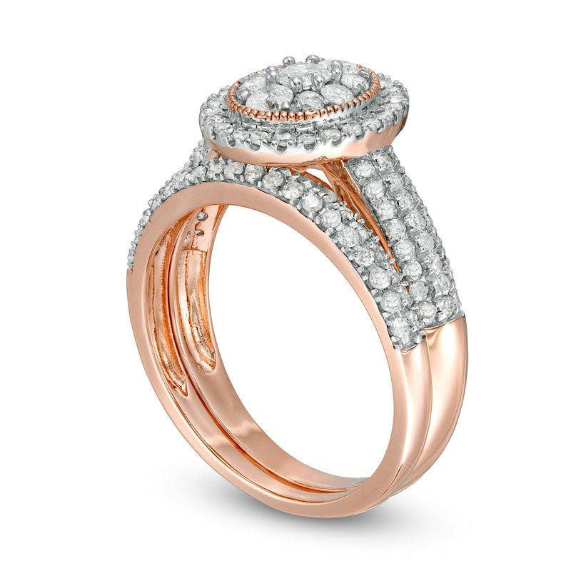 1.0 CT. T.W. Composite Natural Diamond Oval Frame Antique Vintage-Style Bridal Engagement Ring Set in Solid 10K Rose Gold