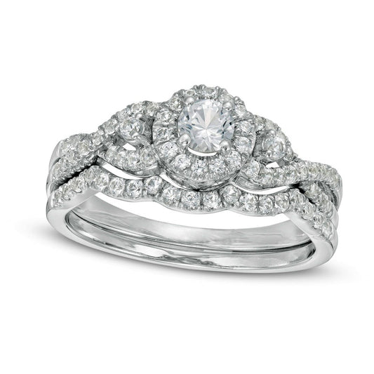 Lab-Created White Sapphire Frame Cascading Shank Bridal Engagement Ring Set in Sterling Silver