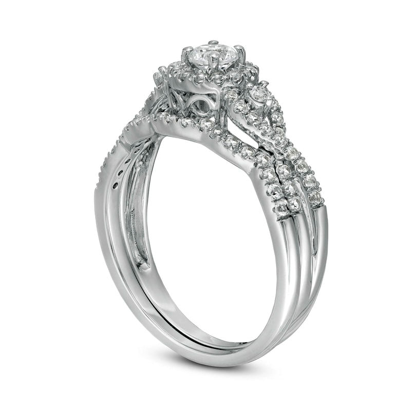 Lab-Created White Sapphire Frame Cascading Shank Bridal Engagement Ring Set in Sterling Silver